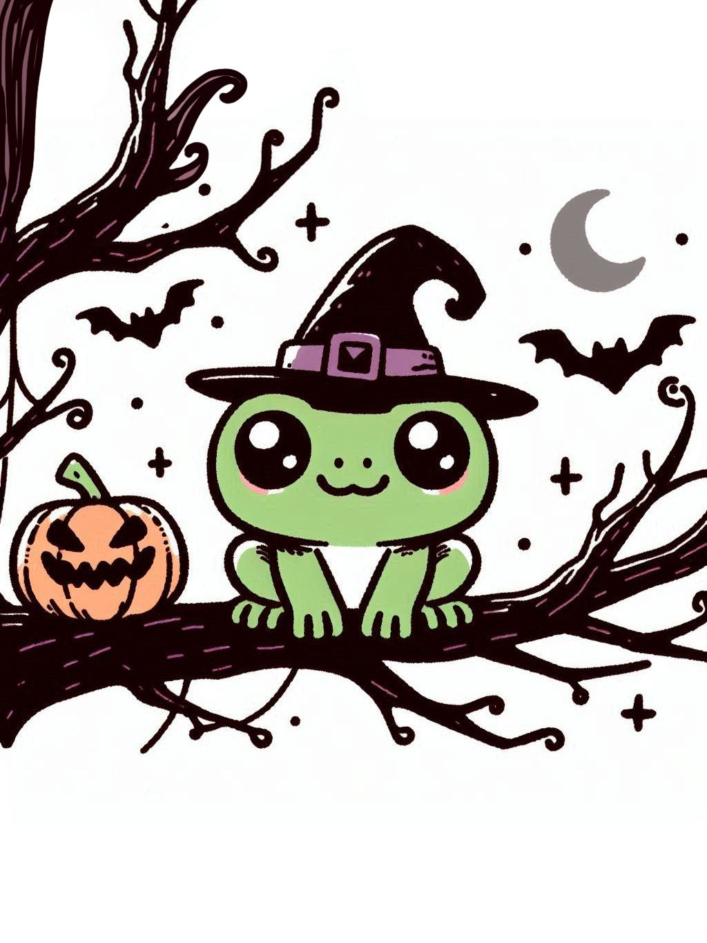 Halloween frog drawing ideas featuring a cute frog perched on a twisted tree branch wearing a witch hat, next to a small pumpkin, with bats and a crescent moon in the background.